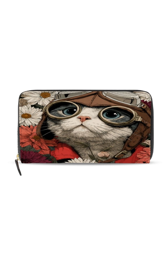 Kitten Pilot Women's Leather Wallet Fashion Retro Multi Card Holder with Cell Phone Pocket Mothers Day Gifts