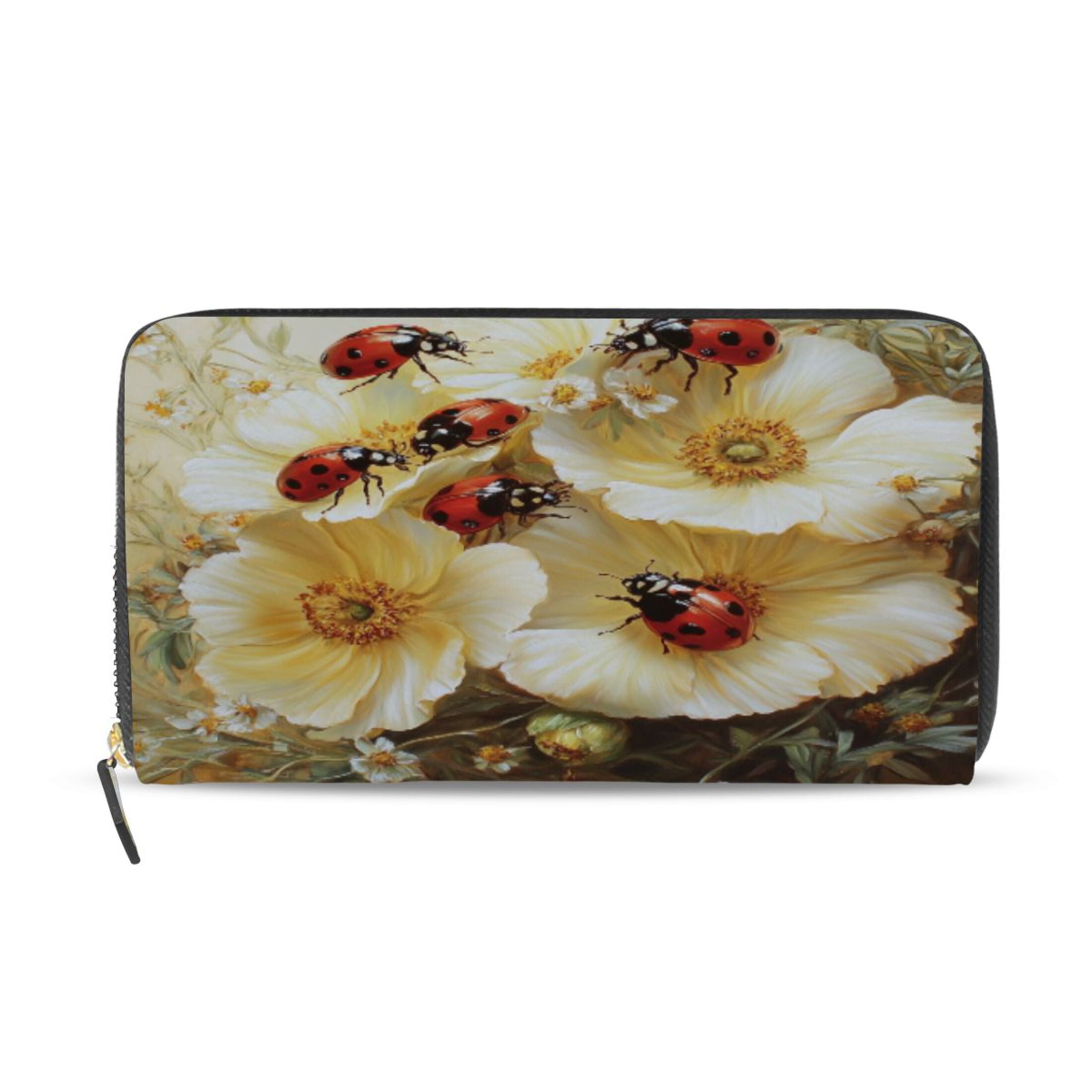 Qxltty Ladybugs Picking Flowers Women's Leather Wallet Fashion Retro Multi Card Holder with Cell Phone Pocket Mothers Day Gifts