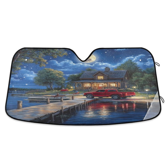 Qxltty Lakeside Night View Car Windshield Sunshades Foldable UV Rays Sun Visor Protector Keep Your Vehicle Cool 55×27.6in