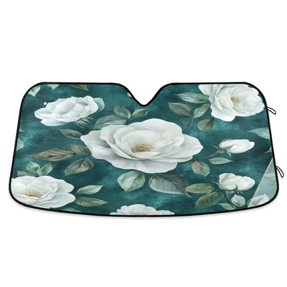 Qxltty Large White Roses Pattern Car Windshield Sunshades Foldable UV Rays Sun Visor Protector Keep Your Vehicle Cool 57×31.5in