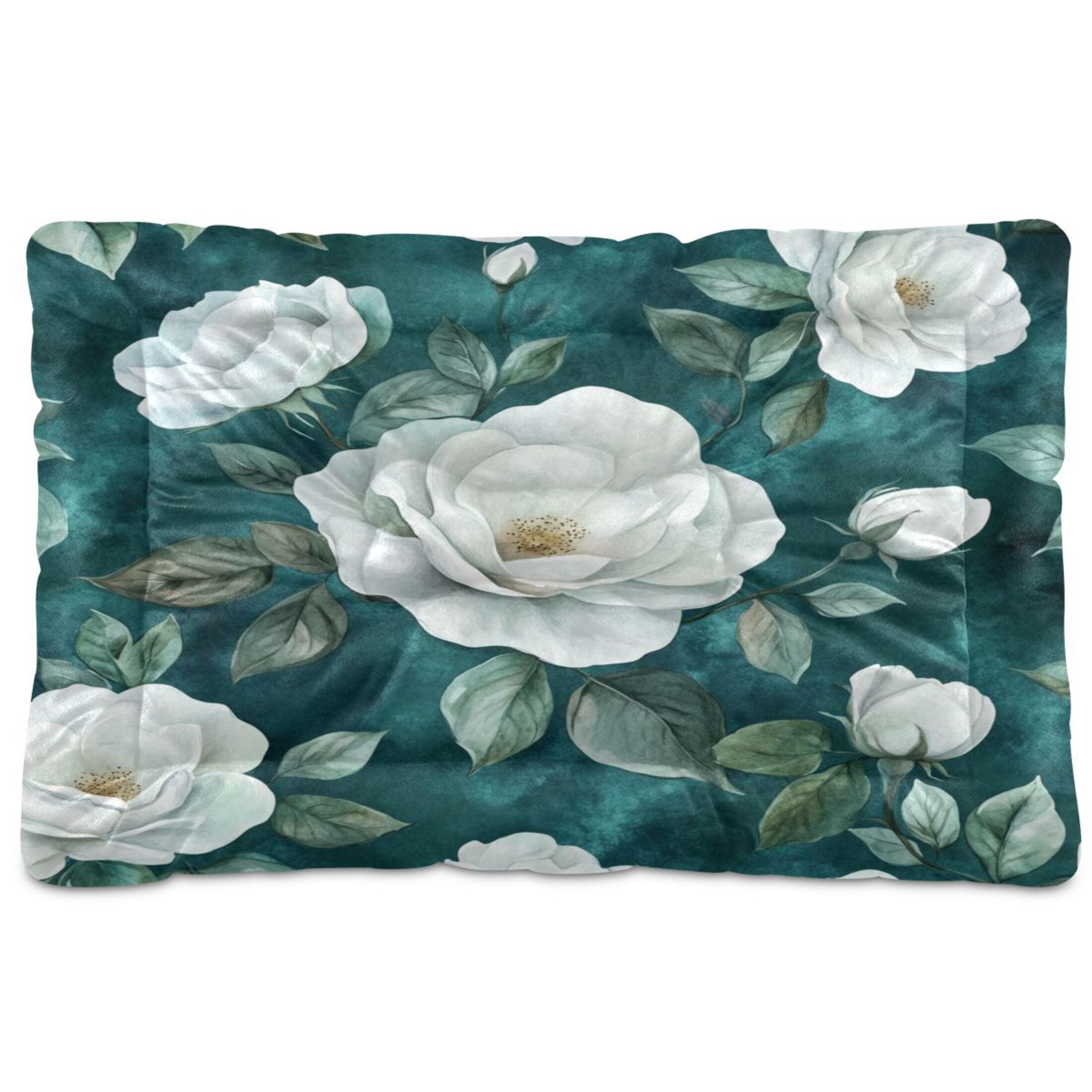 Qxltty Large White Roses Pattern Ped Pad Wear-resistant and Hard to Bite Through Sleeping Pad for Small Medium Large Dogs Winter Pet Bed 36×24in