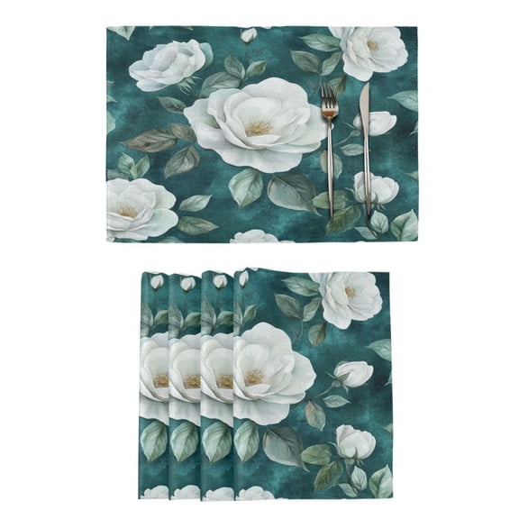 Qxltty Large White Roses Pattern Placemats Set of 6 Heat Resistant Non-Slip Place mat for Dining Table Washable Durable Polyester Woven Table Decorations