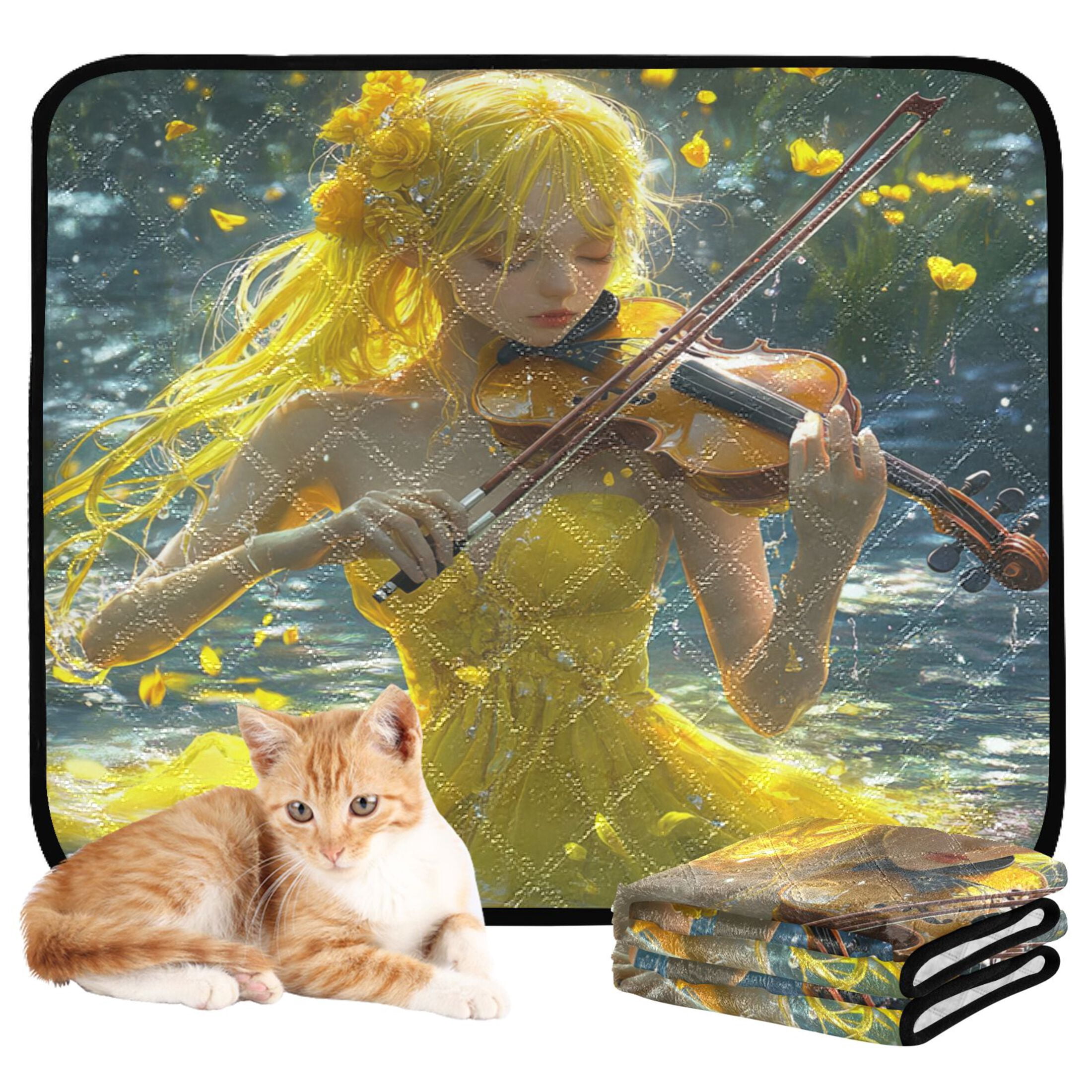 Qxltty Lass Playing Violin on The Water Cat litter Pads Pet Set of 3 Diaper Mats Center Anti-leakage Layer Absorbent Soft and Comfortable