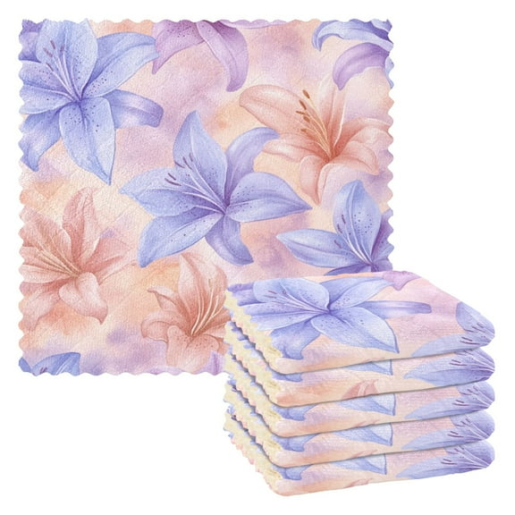 Qxltty Lavender Tones Depicting Blooming Lilies Kitchen Towels Set of 6 Ultra Soft Absorbent Quick Drying Dish Cloths 11 x 11in