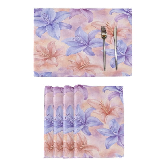 Qxltty Lavender Tones Depicting Blooming Lilies Placemats Set of 4 Heat Resistant Non-Slip Place mat for Dining Table Washable Durable Polyester Woven Table Decorations