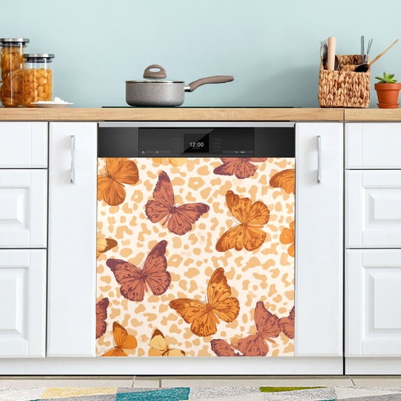 Qxltty Leopard Print Butterfly Magnetic Dishwasher Sticker Refrigerator Cover Washing Machine Panel Kitchen Appliance Decoration 2326in