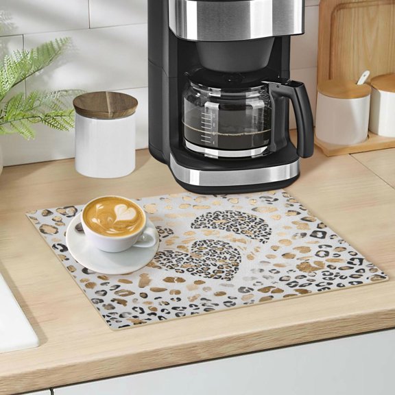 Qxltty Leopard Print Heart Leather Drying Mat for Kitchen Countertops Coffee Mats Hide Stain Quickly Absorbs Water Tableware Decor