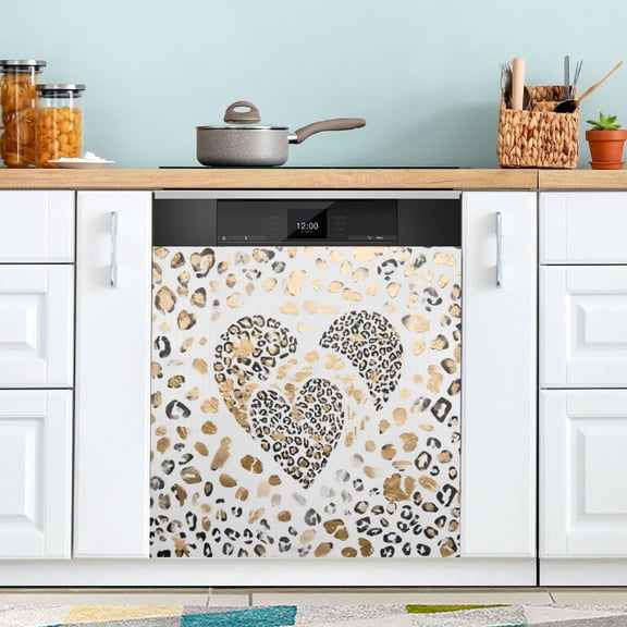 Qxltty Leopard Print Heart Magnetic Dishwasher Sticker Refrigerator Cover Washing Machine Panel Kitchen Appliance Decoration 2326in