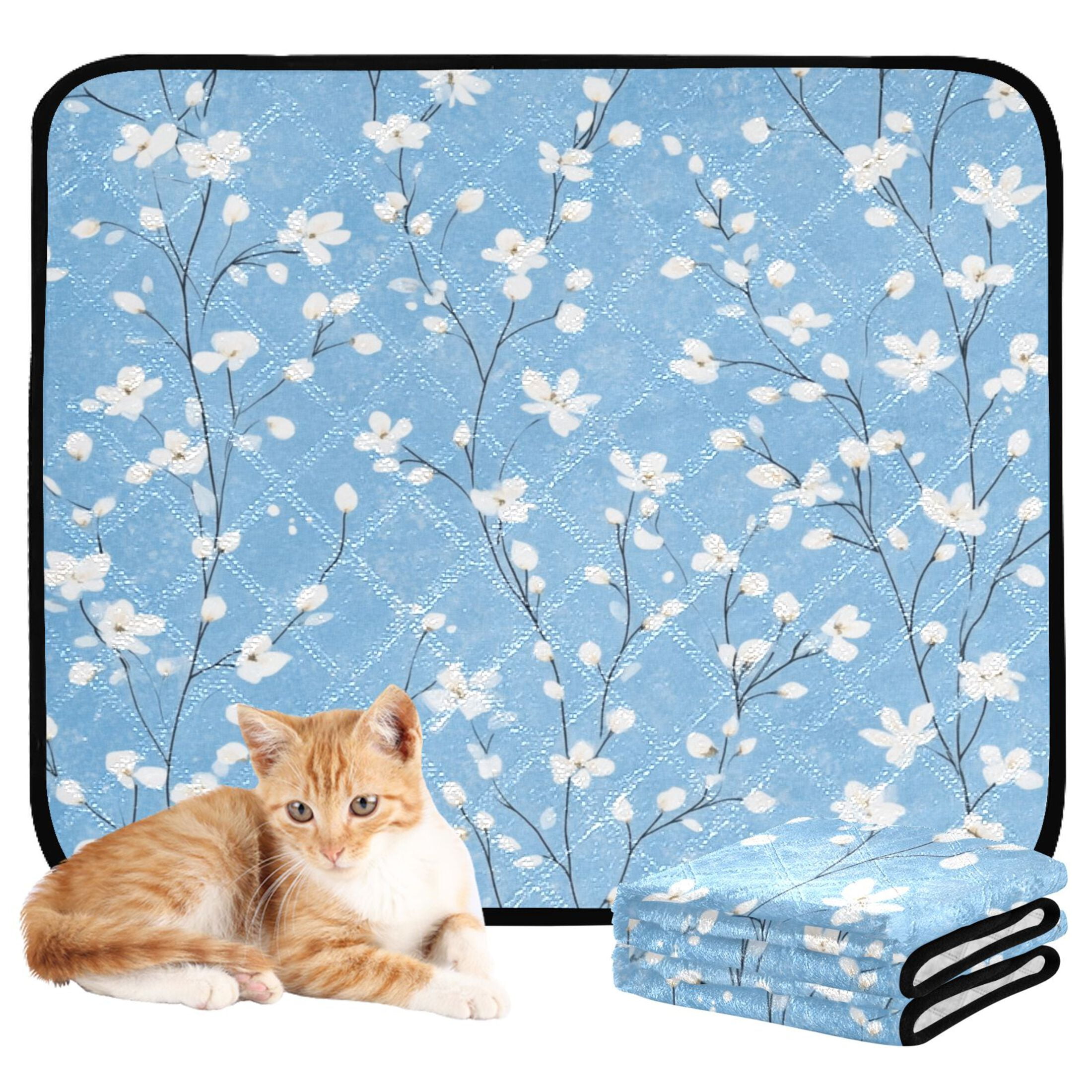 Qxltty Light Blue Background with White Floral Pattern Cat litter Pads Pet Set of 3 Diaper Mats Center Anti-leakage Layer Absorbent Soft and Comfortable