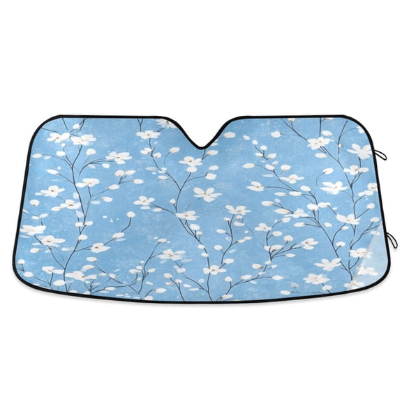 Qxltty Light Blue Background with White Floral Pattern Car Windshield Sunshades Foldable UV Rays Sun Visor Protector Keep Your Vehicle Cool 53×23.5in