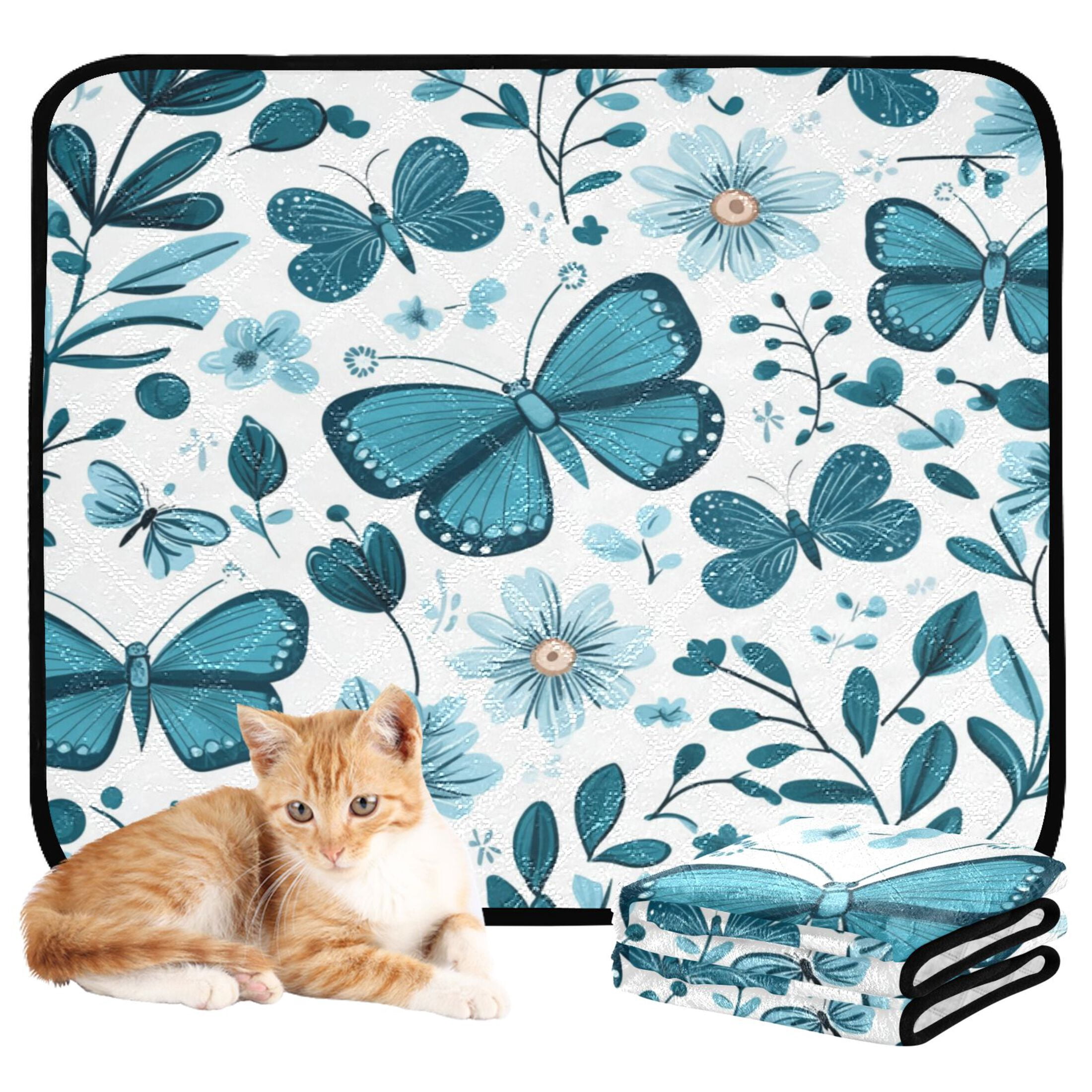 Qxltty Light Blue Butterflies Flowers and Leaves Cat litter Pads Pet Set of 3 Diaper Mats Center Anti-leakage Layer Absorbent Soft and Comfortable