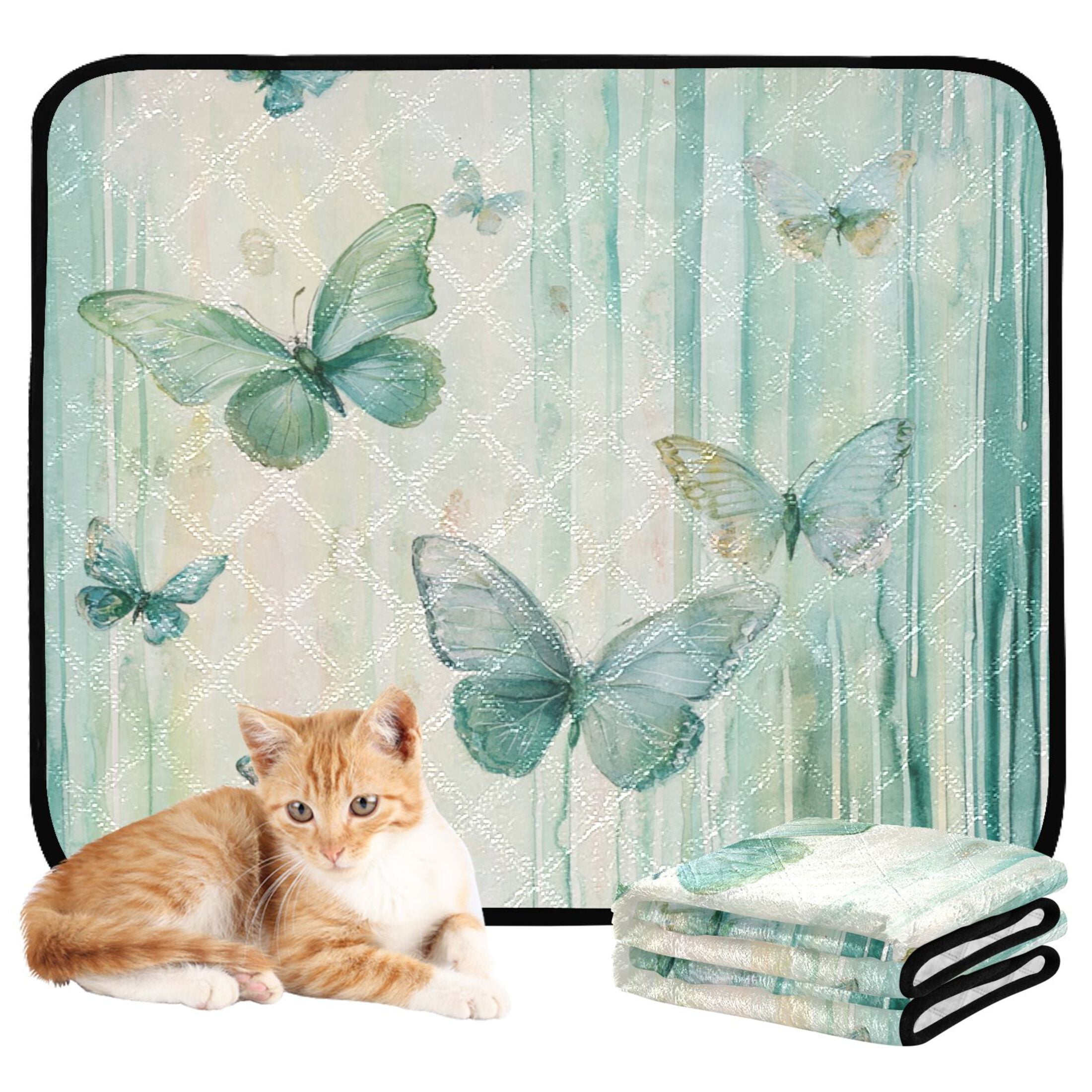 Qxltty Light Green Butterfly Cat litter Pads Pet Set of 3 Diaper Mats Center Anti-leakage Layer Absorbent Soft and Comfortable