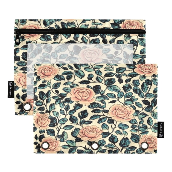 Qxltty Light Pink Vintage Rose Pencil Pouches for 3 Ring Binder Clear Window Zipper Pencil Case for Office College Supplies