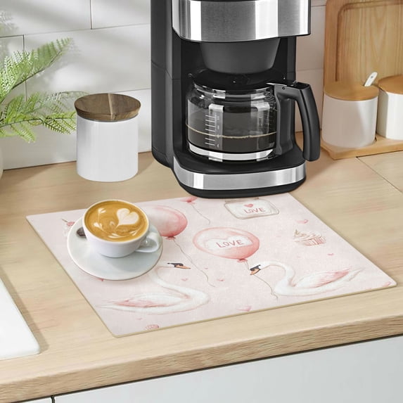 Qxltty Lovely Pink Swans Leather Drying Mat for Kitchen Countertops Coffee Mats Hide Stain Quickly Absorbs Water Tableware Decor
