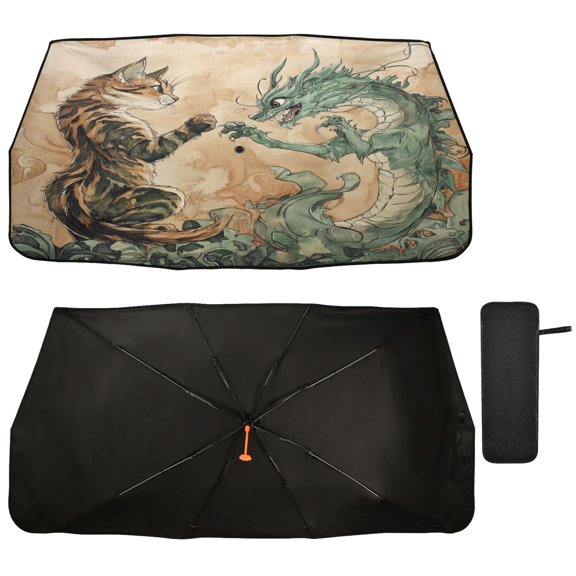 Qxltty Lynx and Dragon Painting Car Windshield Sunshade Umbrella Quality Black Rubberized Fabric Can Effectively Block UV Rays Heat