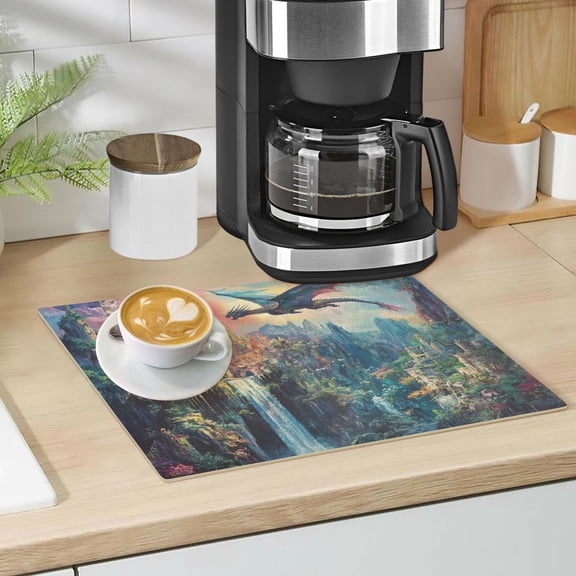 Qxltty Magic Dragon Castle Leather Drying Mat for Kitchen Countertops Coffee Mats Hide Stain Quickly Absorbs Water Tableware Decor
