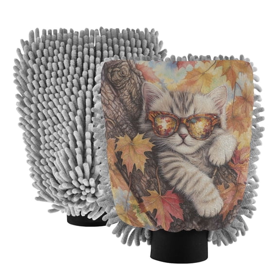 Qxltty Maple Leaf Cat Car Wash Mitt 2pcs Scratch Free Lint-Free Antistatic Microfiber 8.07×11.8in