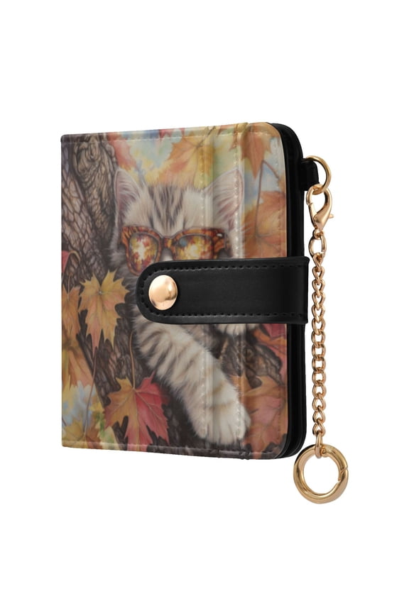 Maple Leaf Cat Ladies Wallet Rfid Slim Thin Compact Credit Card Women Wallet Zipper Coin Pocket and ID Window for Female Gifts