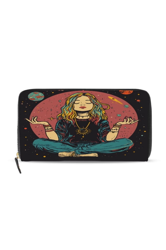 Meditating Woman Outer Space Women's Leather Wallet Fashion Retro Multi Card Holder with Cell Phone Pocket Mothers Day Gifts