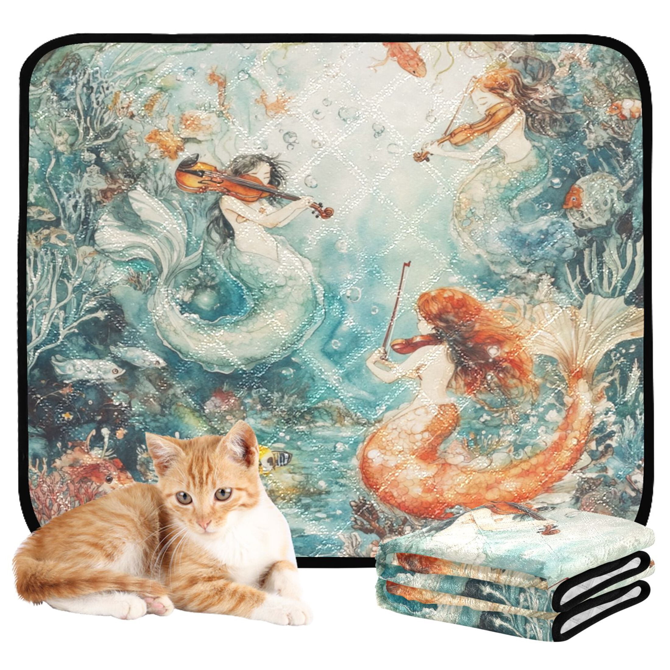 Qxltty Mermaid Plays Music Cat litter Pads Pet Set of 3 Diaper Mats Center Anti-leakage Layer Absorbent Soft and Comfortable