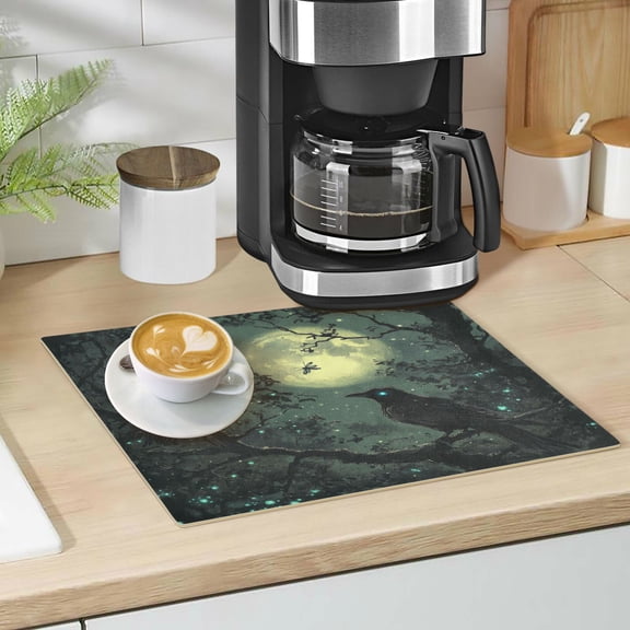 Qxltty Midnight Dark Crow Leather Drying Mat for Kitchen Countertops Coffee Mats Hide Stain Quickly Absorbs Water Tableware Decor