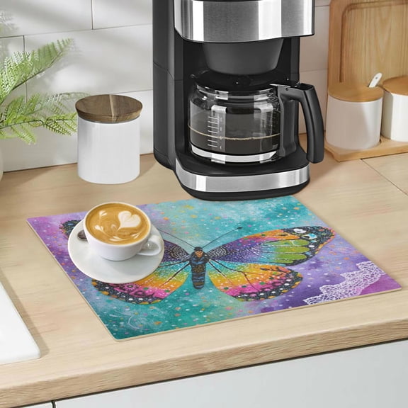 Qxltty Monarch Butterfly Leather Drying Mat for Kitchen Countertops Coffee Mats Hide Stain Quickly Absorbs Water Tableware Decor