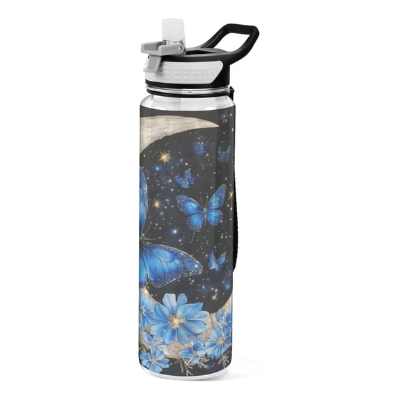 Qxltty Moon with Butterflies Water Bottle 32 oz with Straw BPA Free Reusable Fitness Sport Bottle Perfect for Travel School Outdoors and Gym