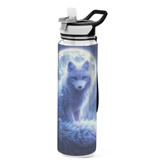 Qxltty Moonlight White Fox Water Bottle 32 oz with Straw BPA Free Reusable Fitness Sport Bottle Perfect for Travel School Outdoors and Gym
