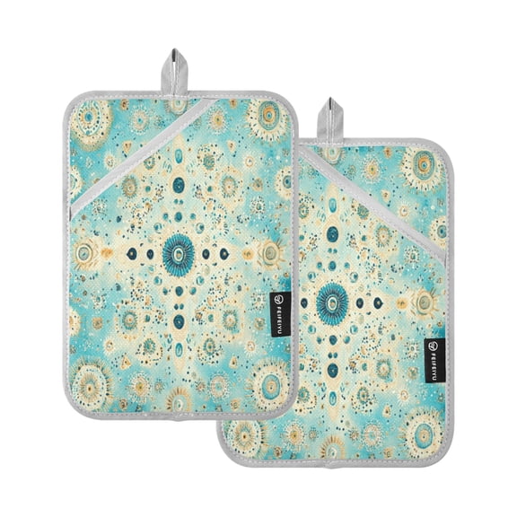 Qxltty Moroccan Style Pattern Oven Mitts 2-Pack Heat Resistant Quilted Oven Gloves with Hanging Loop for Microwave BBQ & Kitchen Use