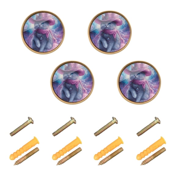 Qxltty Mystery Kitten Cabinet Knobs Kitchen Drawer Knobs Round Door Pulls Dressing Table Wardrobe Closet Knob Handles Decorative Set of 4