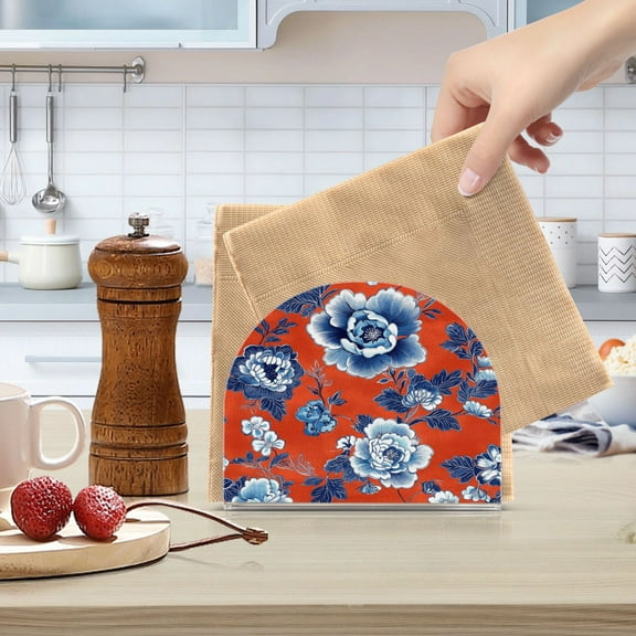 Qxltty Navy Blue Porcelain Flower Pattern Acrylic Napkin Holder Set of 1 Transparent Dining Table Kitchen Cafeteria Home Decor 4.1x4.9x1.97in