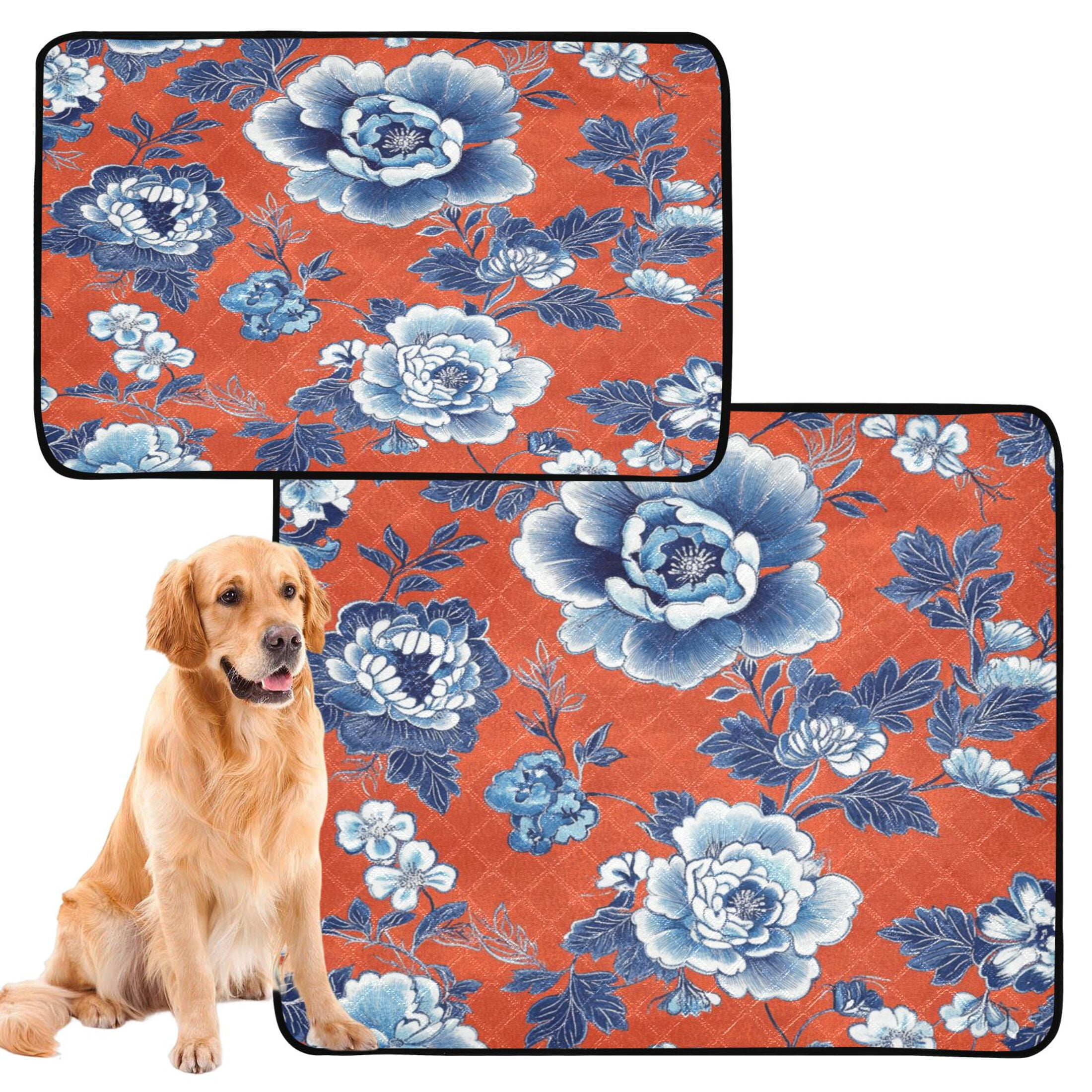 Qxltty Navy Blue Porcelain Flower Pattern Cat litter Pads Pet Set of 2 Diaper Mats Center Anti-leakage Layer Absorbent Soft and Comfortable