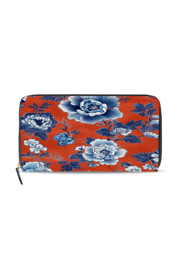 Navy Blue Porcelain Flower Pattern Women's Leather Wallet Fashion Retro Multi Card Holder with Cell Phone Pocket Mothers Day Gifts