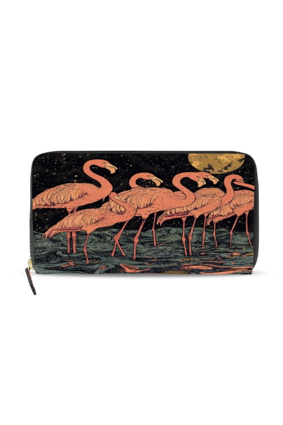 Night Sky Flamingo Pattern Women's Leather Wallet Fashion Retro Multi Card Holder with Cell Phone Pocket Mothers Day Gifts