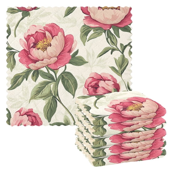 Qxltty Nostalgic Peonies Pattern Kitchen Towels Set of 6 Ultra Soft Absorbent Quick Drying Dish Cloths 11 x 11in