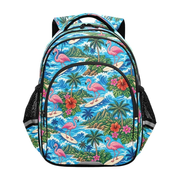 Qxltty Ocean Surf Flamingos Backpack Lightweight Multi Pocket Daypack Reflective Bookbag with Adjustable Straps