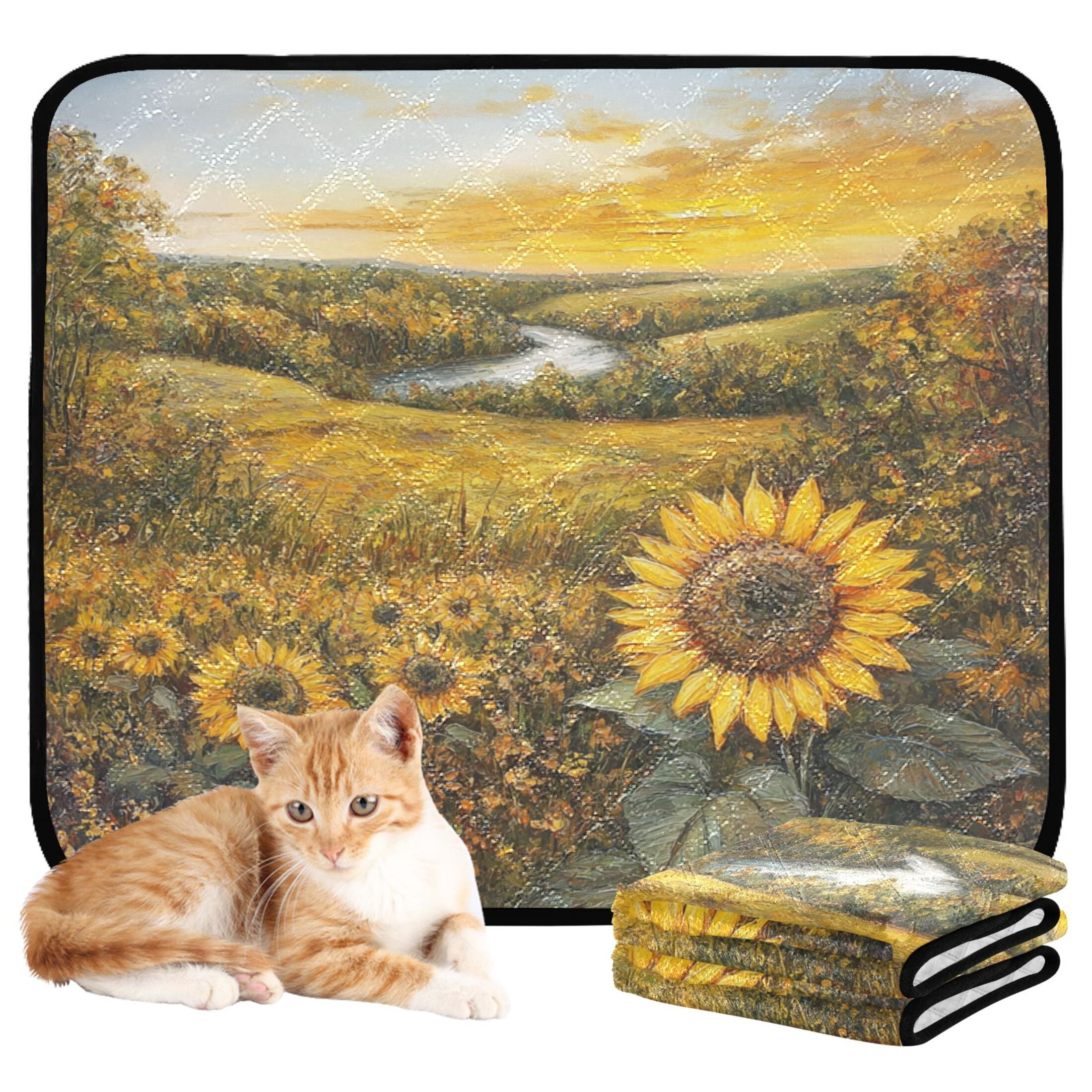 Qxltty Oil Painting Of Sunflower Cat litter Pads Pet Set of 3 Diaper Mats Center Anti-leakage Layer Absorbent Soft and Comfortable
