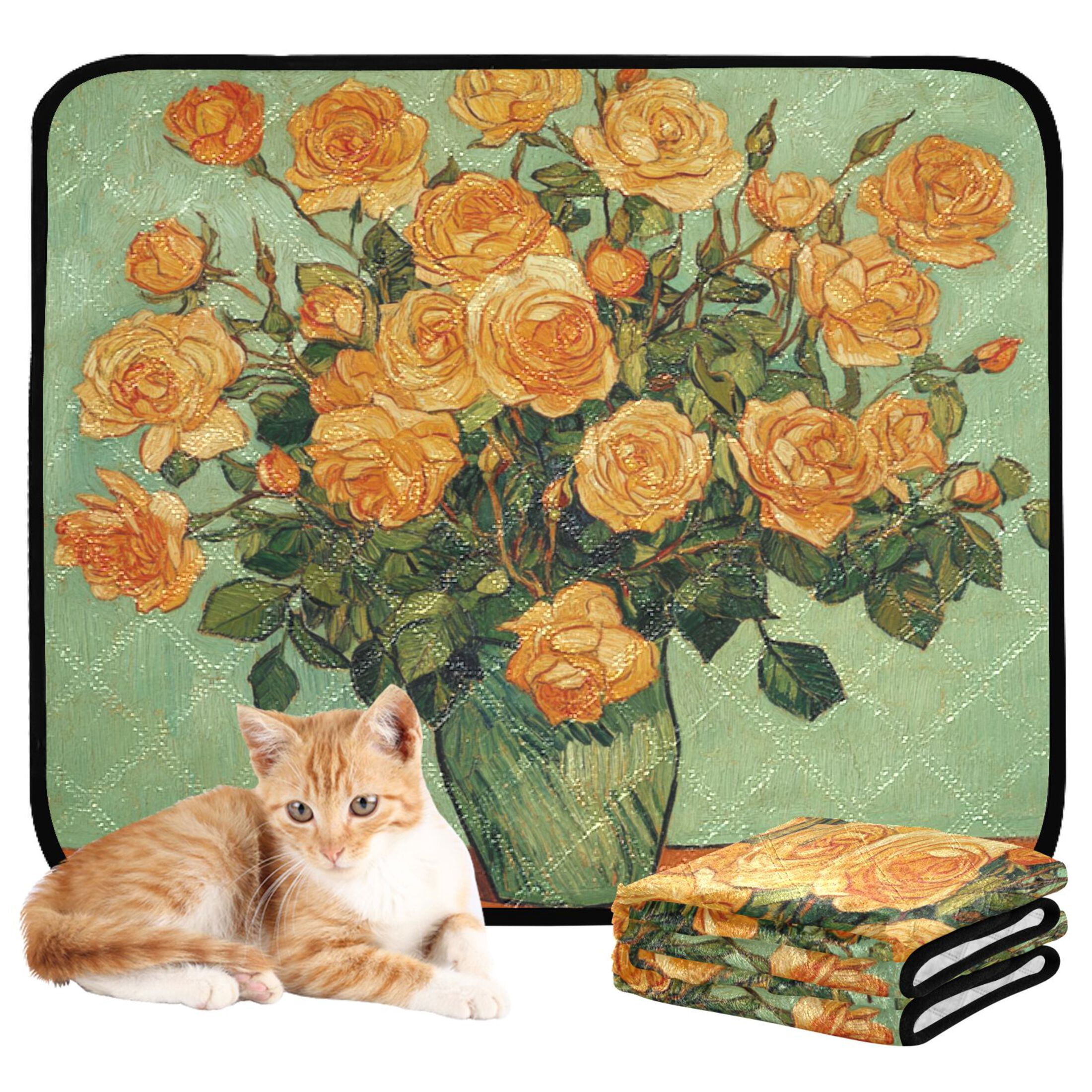 Qxltty Oil Painting Patterns for Yellow Rose Pots Cat litter Pads Pet Set of 3 Diaper Mats Center Anti-leakage Layer Absorbent Soft and Comfortable