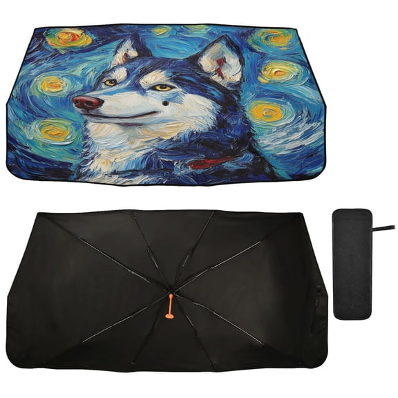 Qxltty Oil Painting Styles Husky Car Windshield Sunshade Umbrella Quality Black Rubberized Fabric Can Effectively Block UV Rays Heat