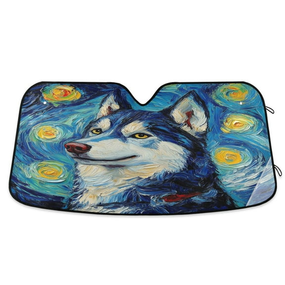 Qxltty Oil Painting Styles Husky Car Windshield Sunshades Foldable UV Rays Sun Visor Protector Keep Your Vehicle Cool 57×31.5in