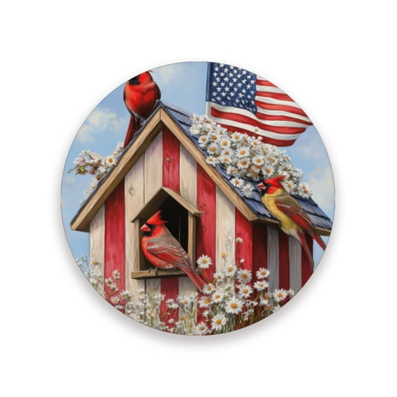 Qxltty One Pcs Drink Coasters 4th Of July Cardinal Bird Ceramic Round Coaster Absorbent Suitable for Kinds of Cups Coffee Table