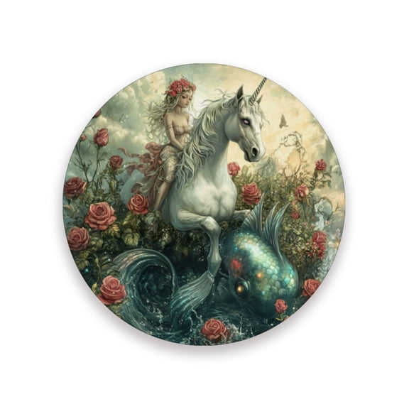 Qxltty One Pcs Drink Coasters Beauty and Unicorn Ceramic Round Coaster Absorbent Suitable for Kinds of Cups Coffee Table