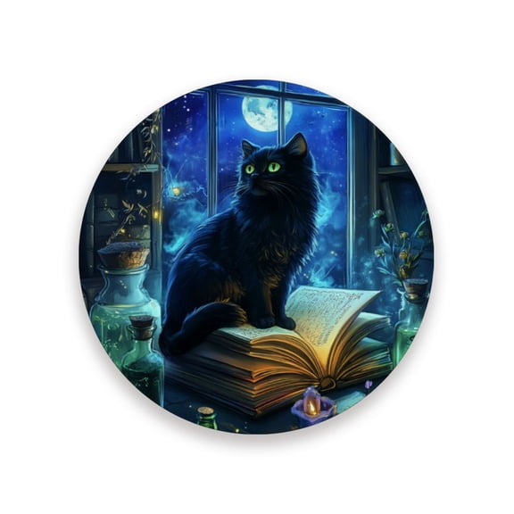 Qxltty One Pcs Drink Coasters Black Cat Green Pupil Ceramic Round Coaster Absorbent Suitable for Kinds of Cups Coffee Table