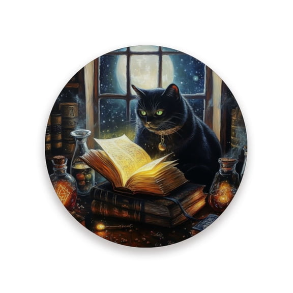 Qxltty One Pcs Drink Coasters Black Cat Magic Room Ceramic Round Coaster Absorbent Suitable for Kinds of Cups Coffee Table