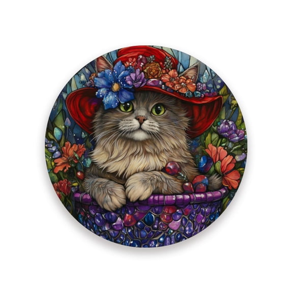 Qxltty One Pcs Drink Coasters Bonneted Kitty Ceramic Round Coaster Absorbent Suitable for Kinds of Cups Coffee Table