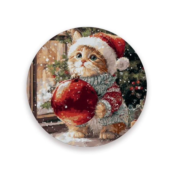 Qxltty One Pcs Drink Coasters Christmas Golden Tabby Cat Ceramic Round Coaster Absorbent Suitable for Kinds of Cups Coffee Table