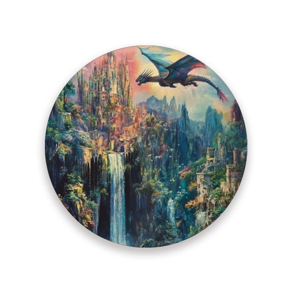 Qxltty One Pcs Drink Coasters Magic Dragon Castle Ceramic Round Coaster Absorbent Suitable for Kinds of Cups Coffee Table