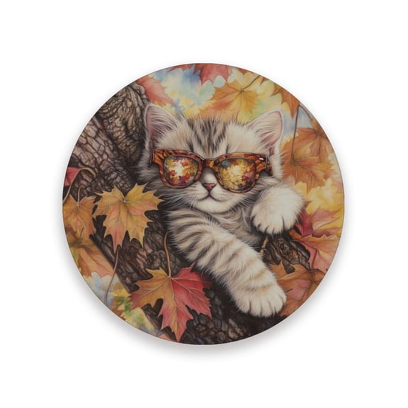 Qxltty One Pcs Drink Coasters Maple Leaf Cat Ceramic Round Coaster Absorbent Suitable for Kinds of Cups Coffee Table