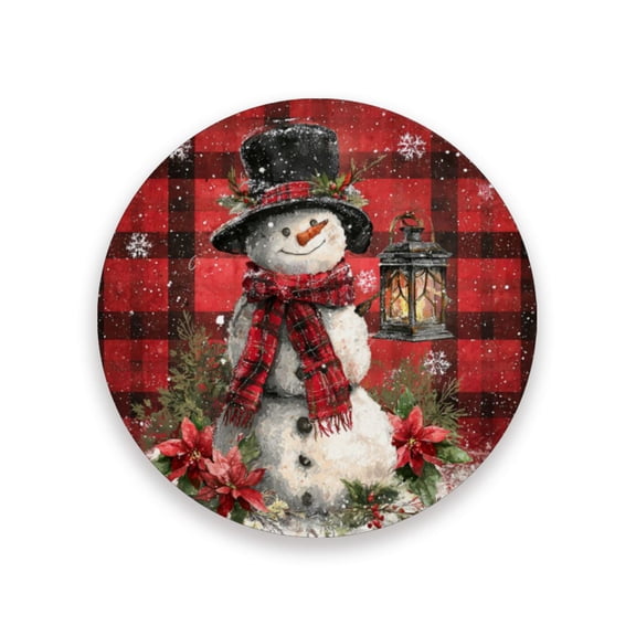 Qxltty One Pcs Drink Coasters Red Checkered Snowman Ceramic Round Coaster Absorbent Suitable for Kinds of Cups Coffee Table