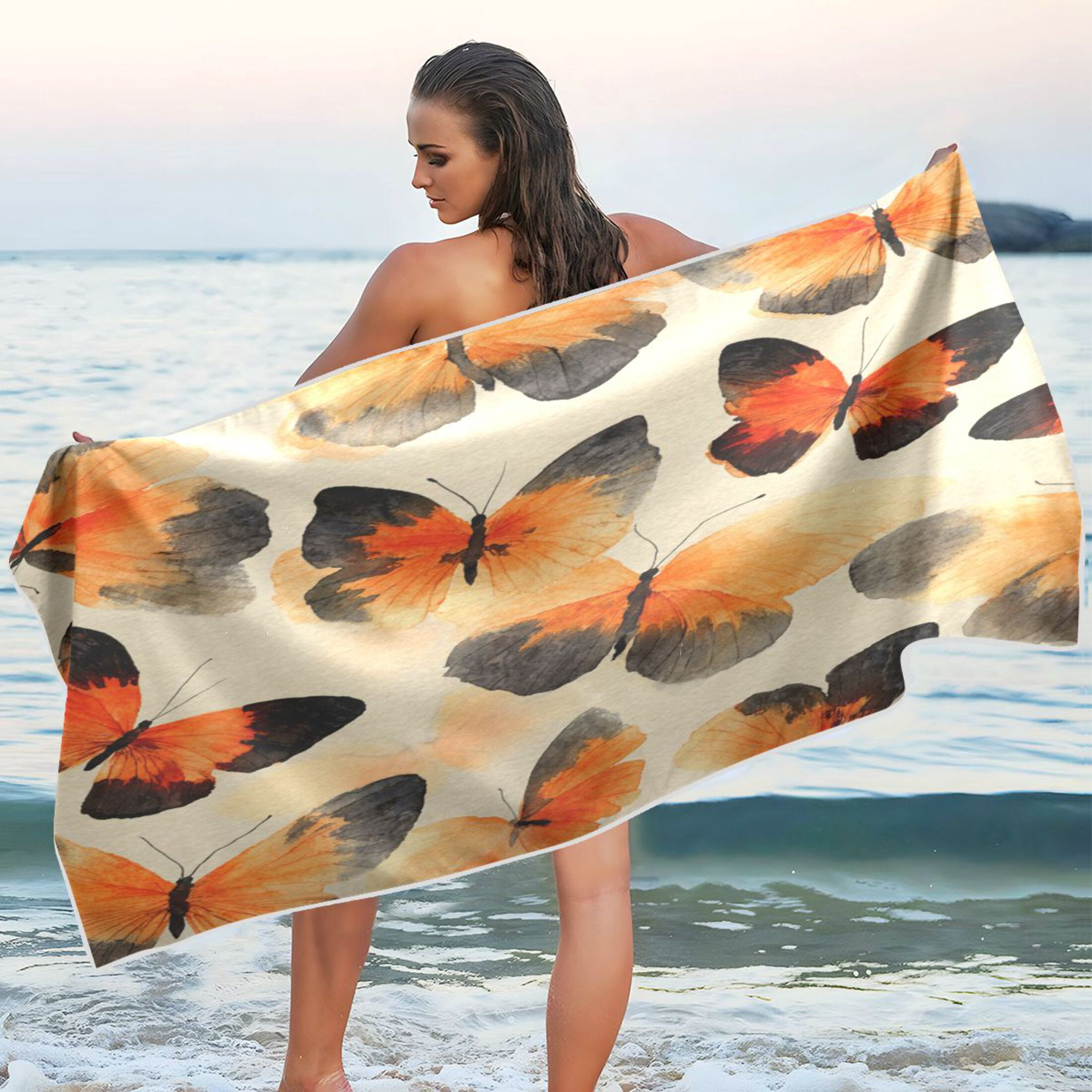 Qxltty Orange Black Butterfly Beach Towel Sand Free Bath Towel Absorbent Quick Dry Soft Lightweight Blanket for Travel Gym Camping 71x31in